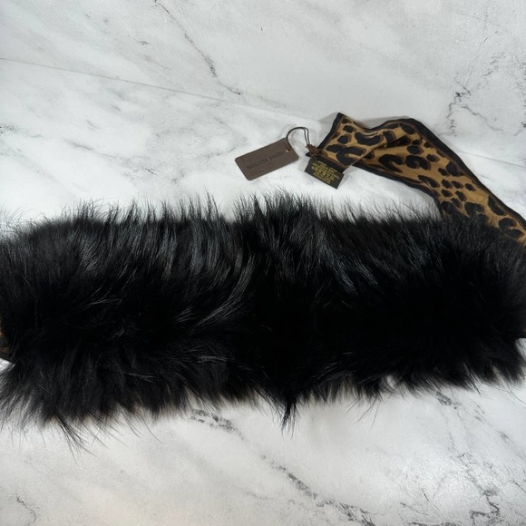 LOUIS VUITTON Fur Scarf Leopard Silk Black Fox Stole Bandeau vintage LV w/tag - Picture 10 of 11